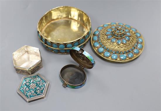 Two miniature enamelled silver boxes and a larger gilt metal box and cover, latter 8cm